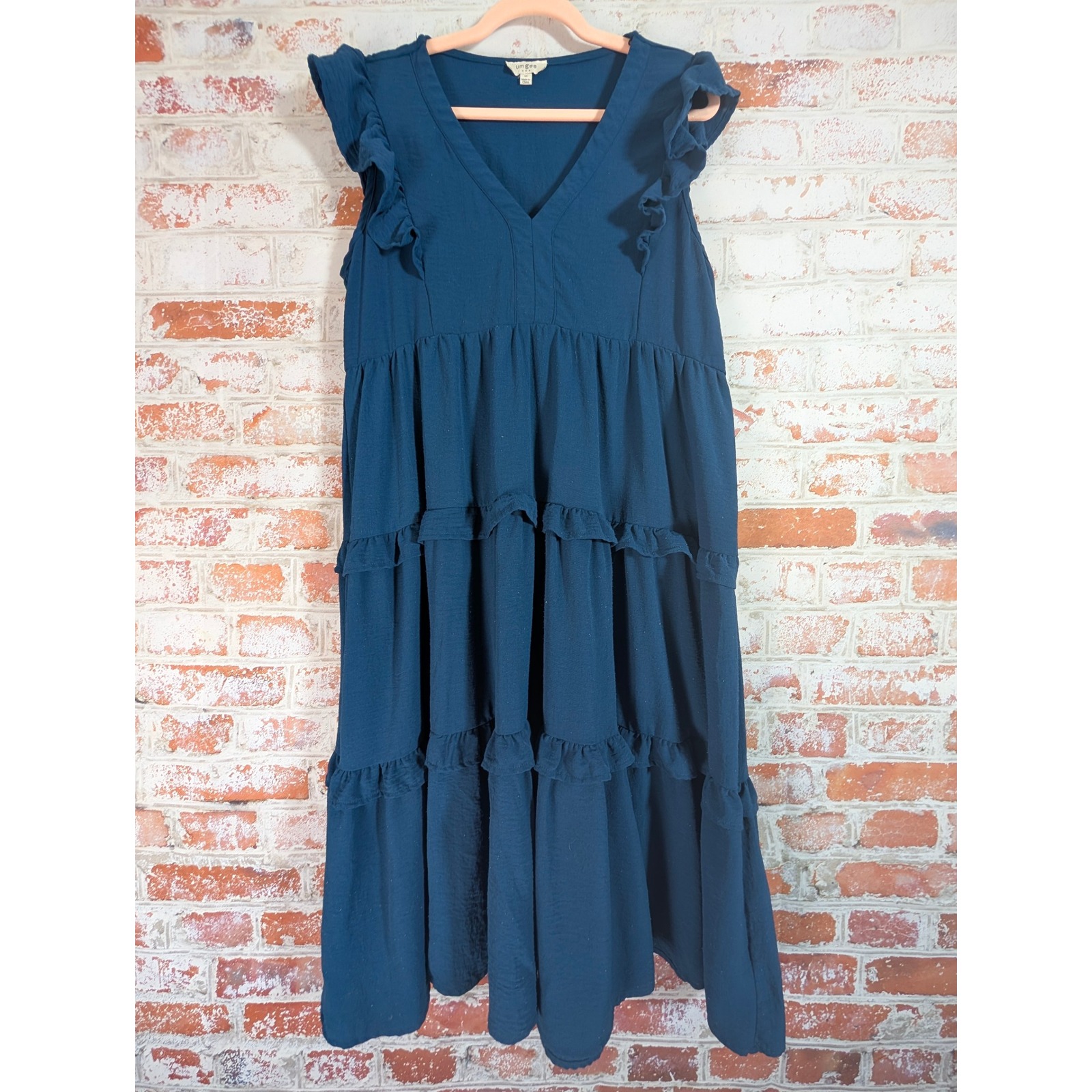 Umgee Midi Dress Womens Medium Teal Blue Ruffle Flutter Sleeve Tiered Boho C3523
